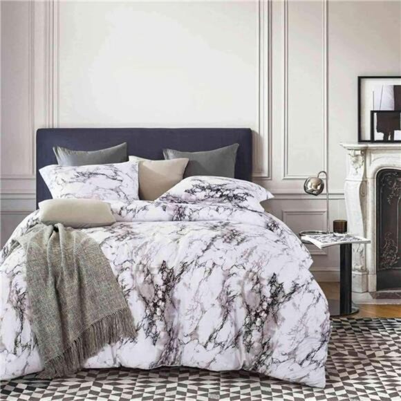 Comforter Set Queen Size, White Black Marble Print 88 x 90 inch Reversible Down - Picture 2 of 8